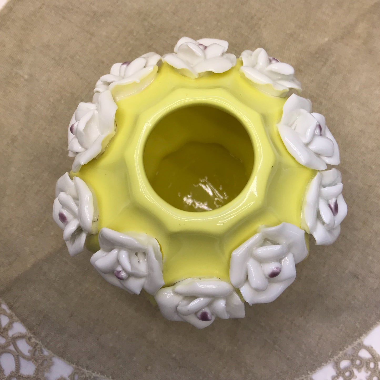 Small Yellow Ceramic Vase with Applied White Flowers