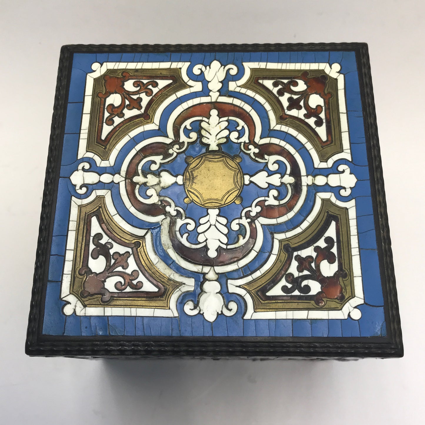 Antique Enamel Tea Box, Chippy Paint, Brass Inlay, and Small Old Repairs, 19th Century