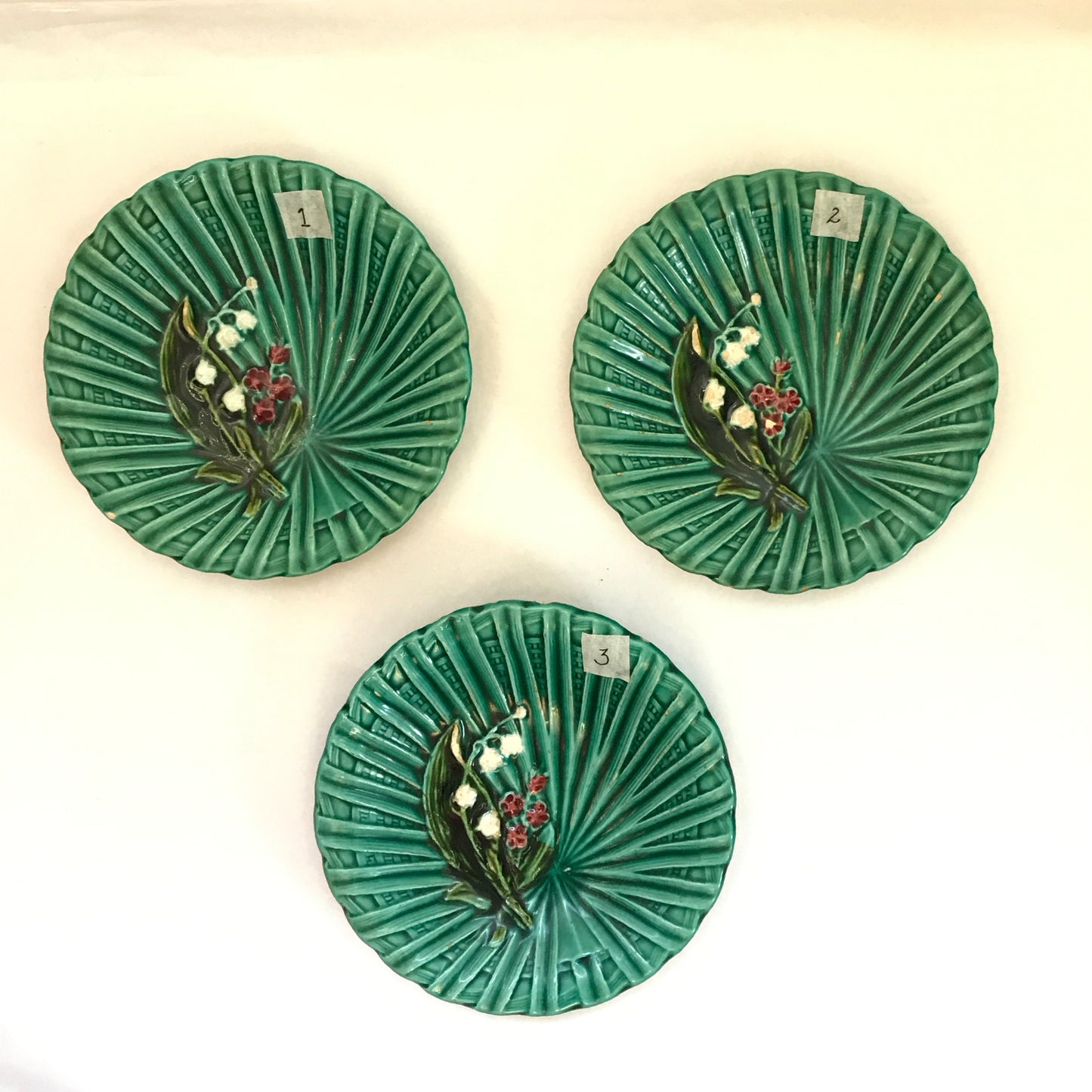 3 Schramberg Majolica Side Plates WITH MULTIPLE CHIPS, Lily of the the Valley Pattern in Dark Green,  Shabby Chic Decor, Green Decorative Plates (SOLD)