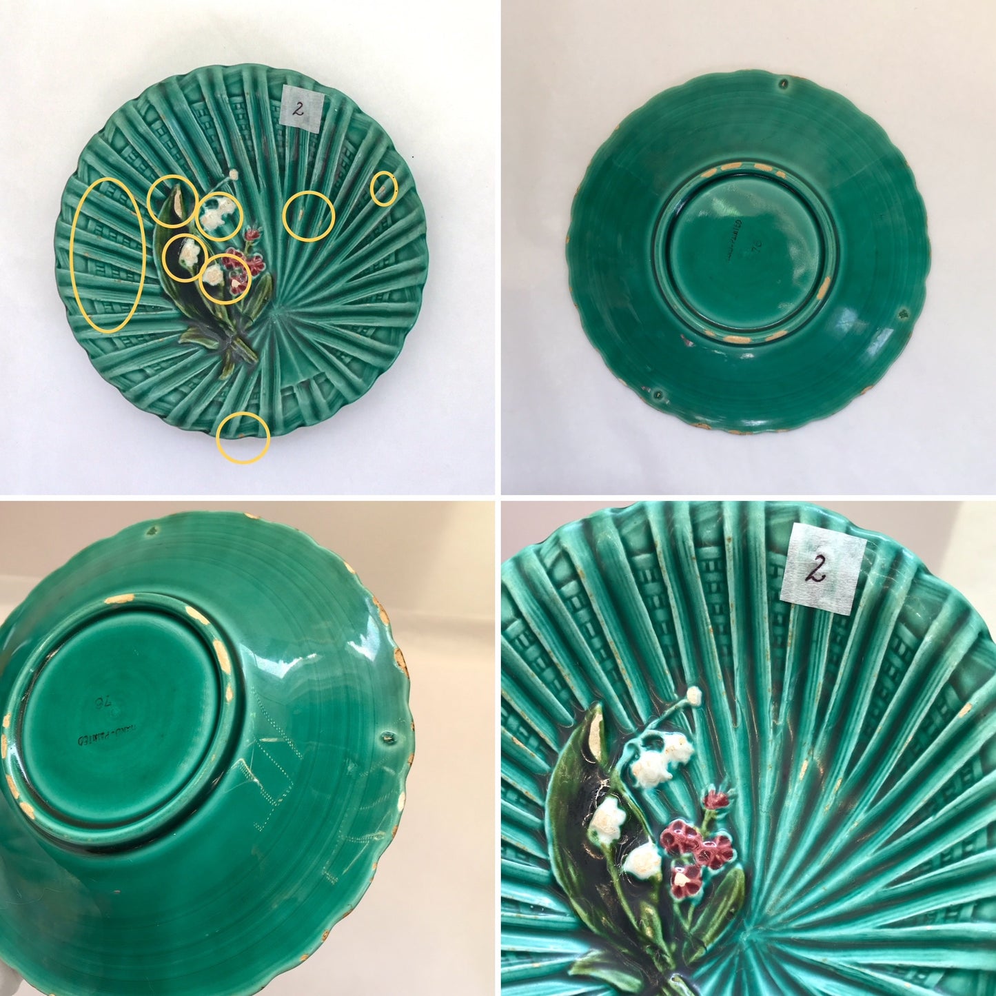 3 Schramberg Majolica Side Plates WITH MULTIPLE CHIPS, Lily of the the Valley Pattern in Dark Green,  Shabby Chic Decor, Green Decorative Plates (SOLD)