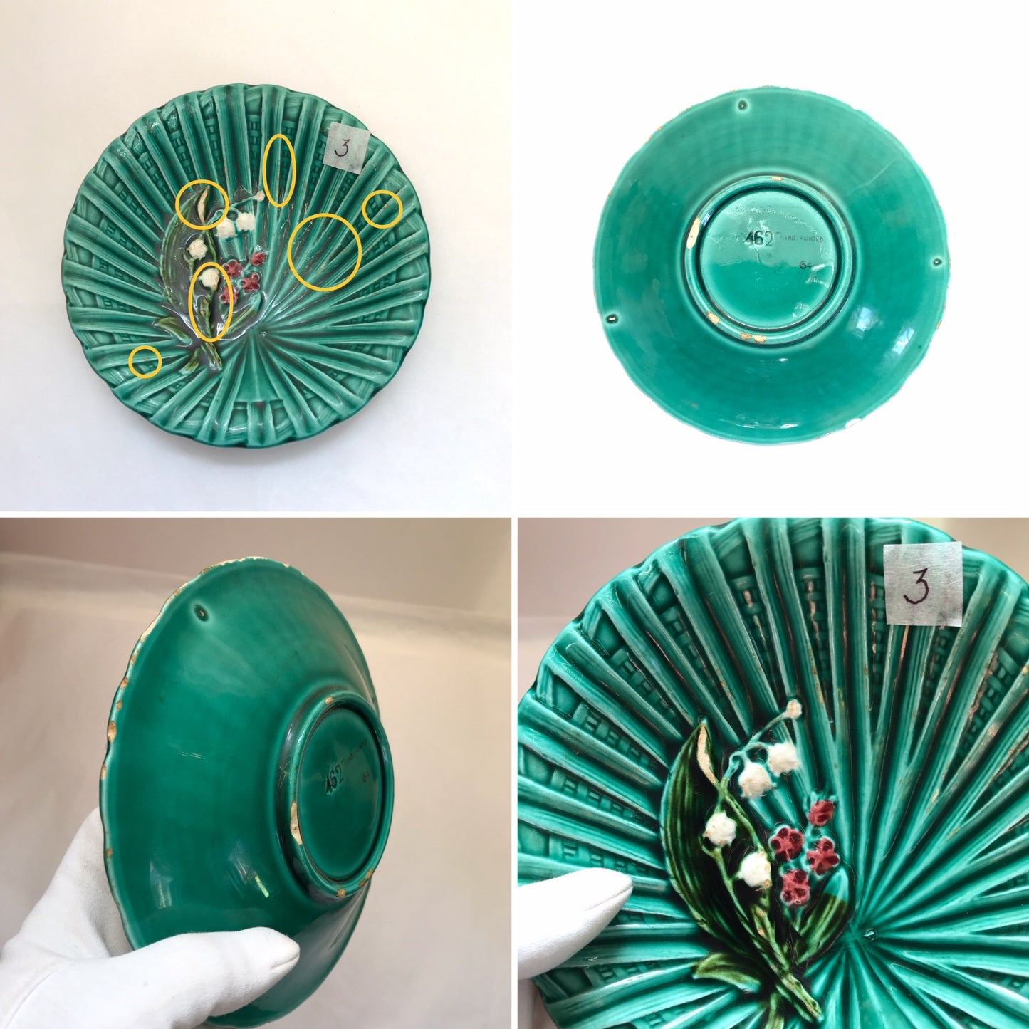 3 Schramberg Majolica Side Plates WITH MULTIPLE CHIPS, Lily of the the Valley Pattern in Dark Green,  Shabby Chic Decor, Green Decorative Plates (SOLD)