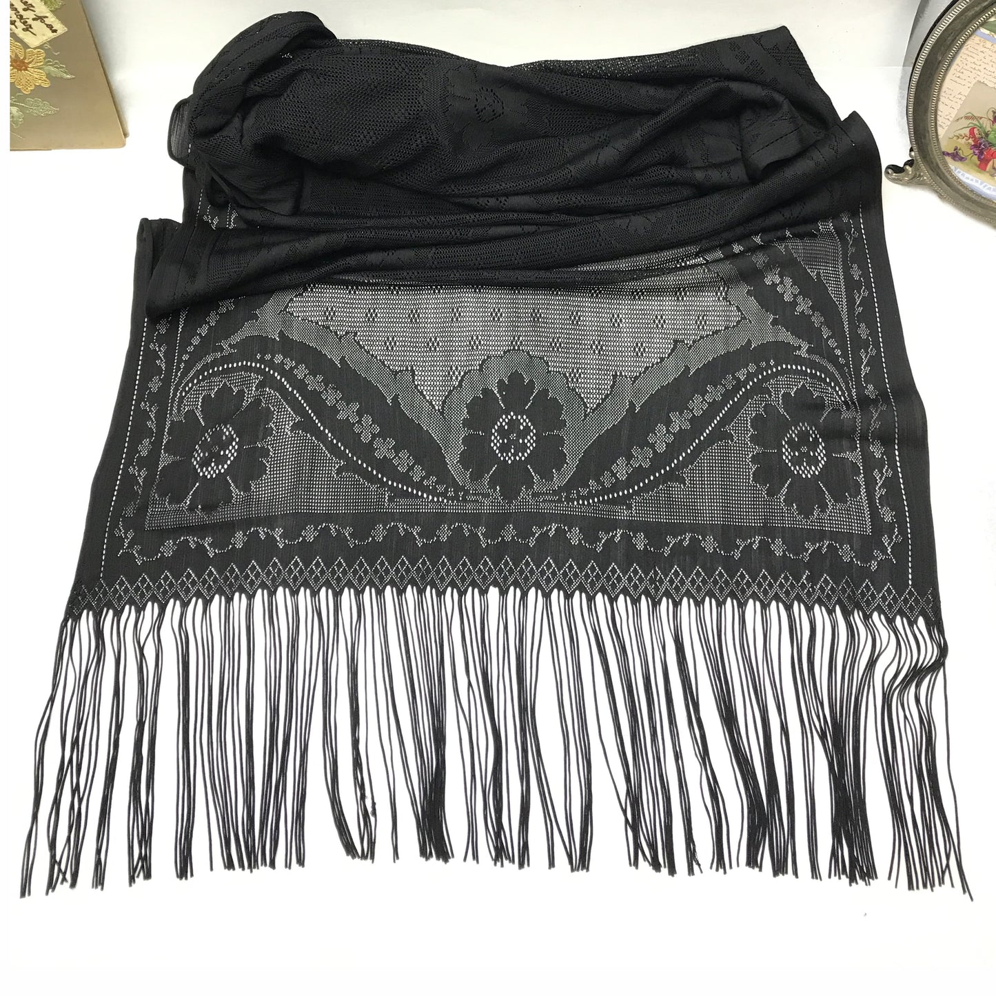 1920s Black Lace Scarf, Mourning Shawl