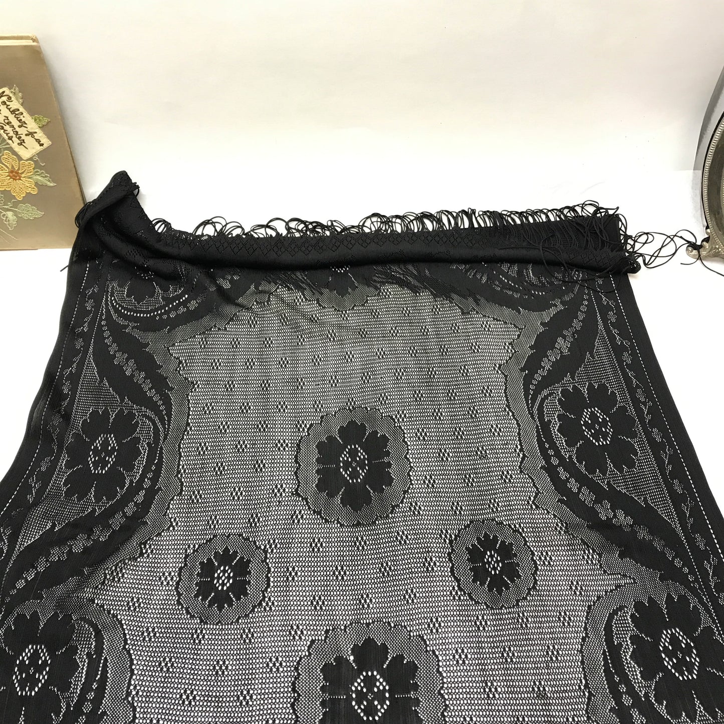 1920s Black Lace Scarf, Mourning Shawl