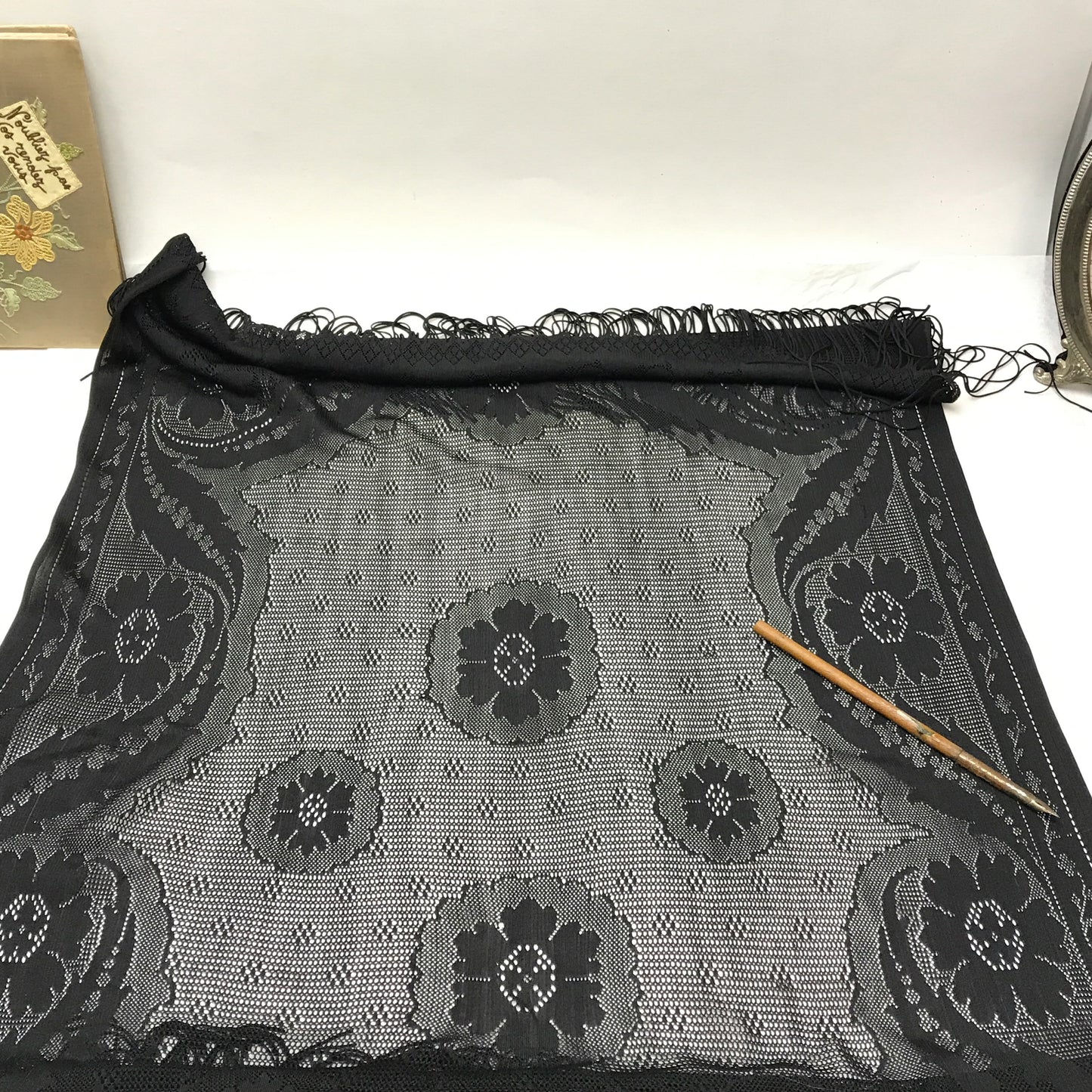 1920s Black Lace Scarf, Mourning Shawl