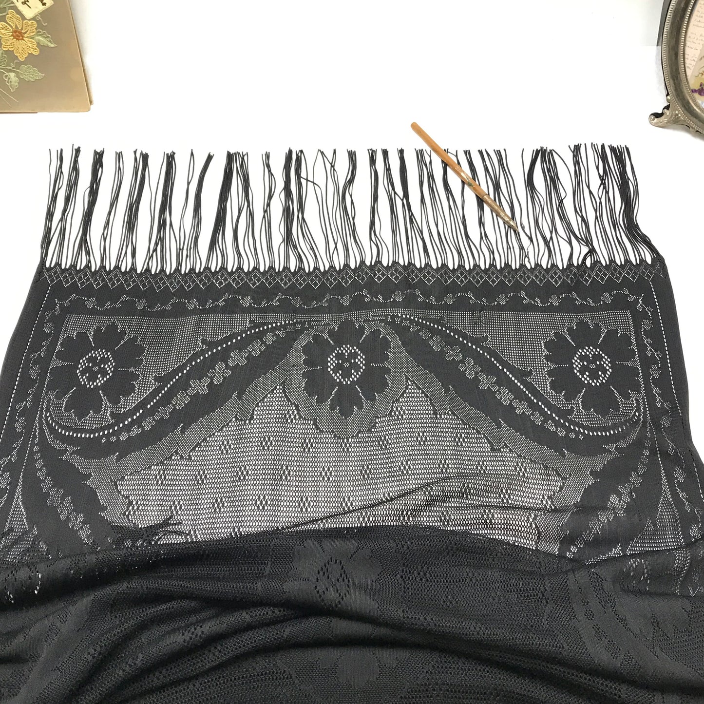 1920s Black Lace Scarf, Mourning Shawl