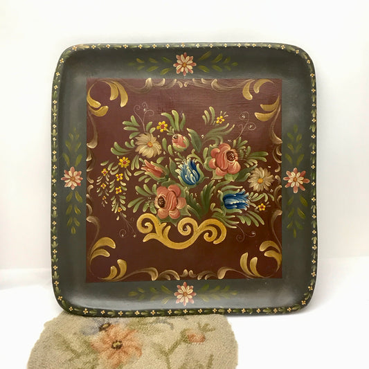 1980s Toleware Wood Tray, Signed and Dated, Hawaii, 12 inches X 12 inches