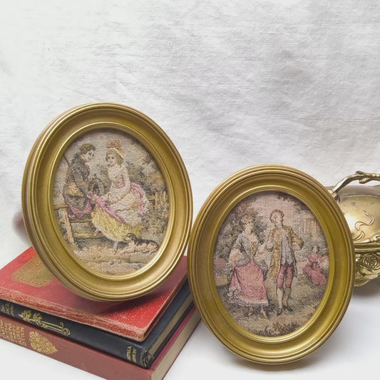 2 French-Style Tapestry Pictures in Gold Plastic Frames