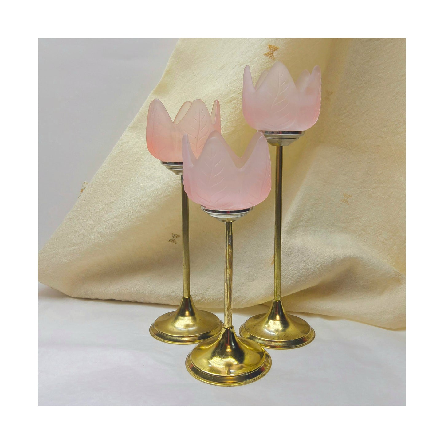 Retro Trio of Votive Candlesticks, Pink Frosted Glass CandleHolders, LIGHT WEAR