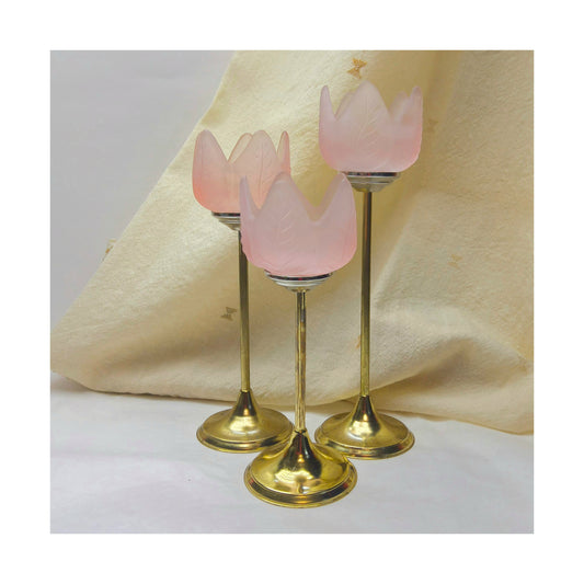 Retro Trio of Votive Candlesticks, Pink Frosted Glass CandleHolders, LIGHT WEAR