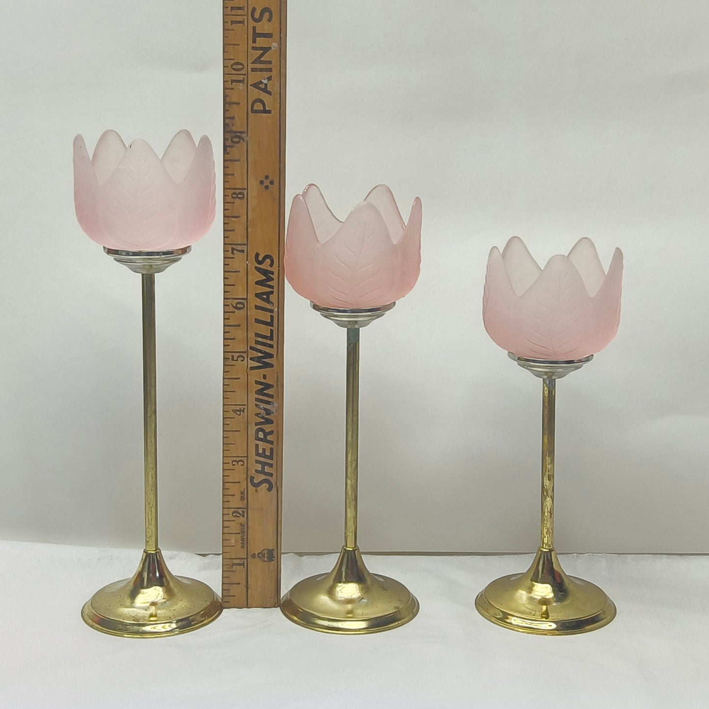Retro Trio of Votive Candlesticks, Pink Frosted Glass CandleHolders, LIGHT WEAR