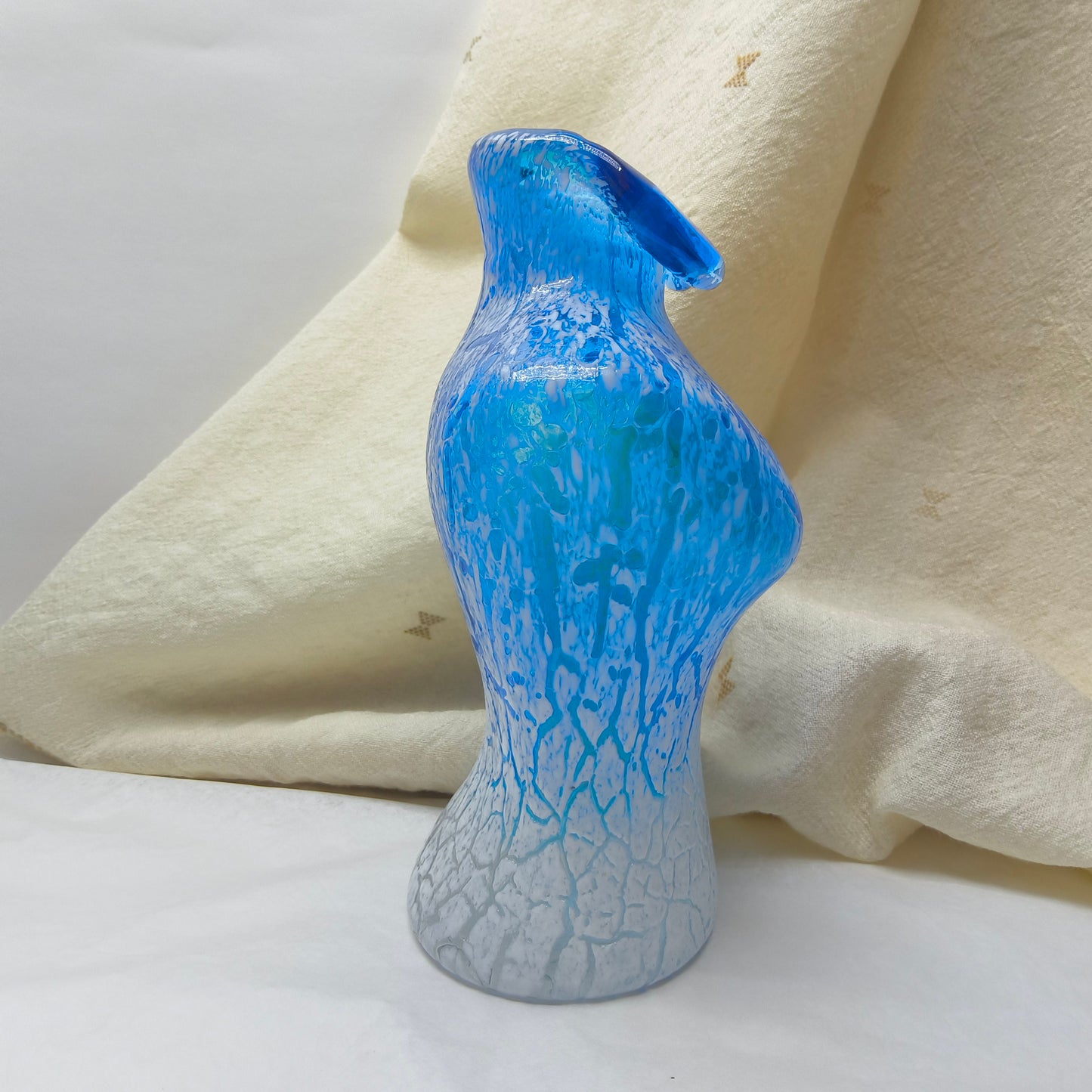 Retro Blue and White Glass Torso Vase with Crackle Texture