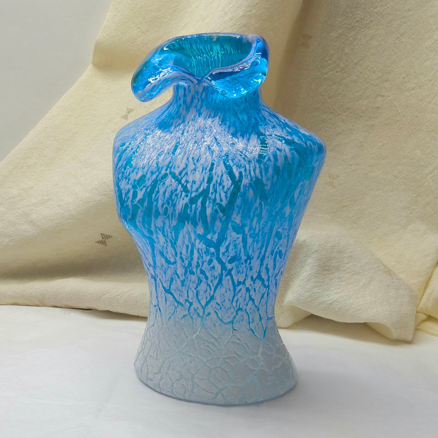 Retro Blue and White Glass Torso Vase with Crackle Texture