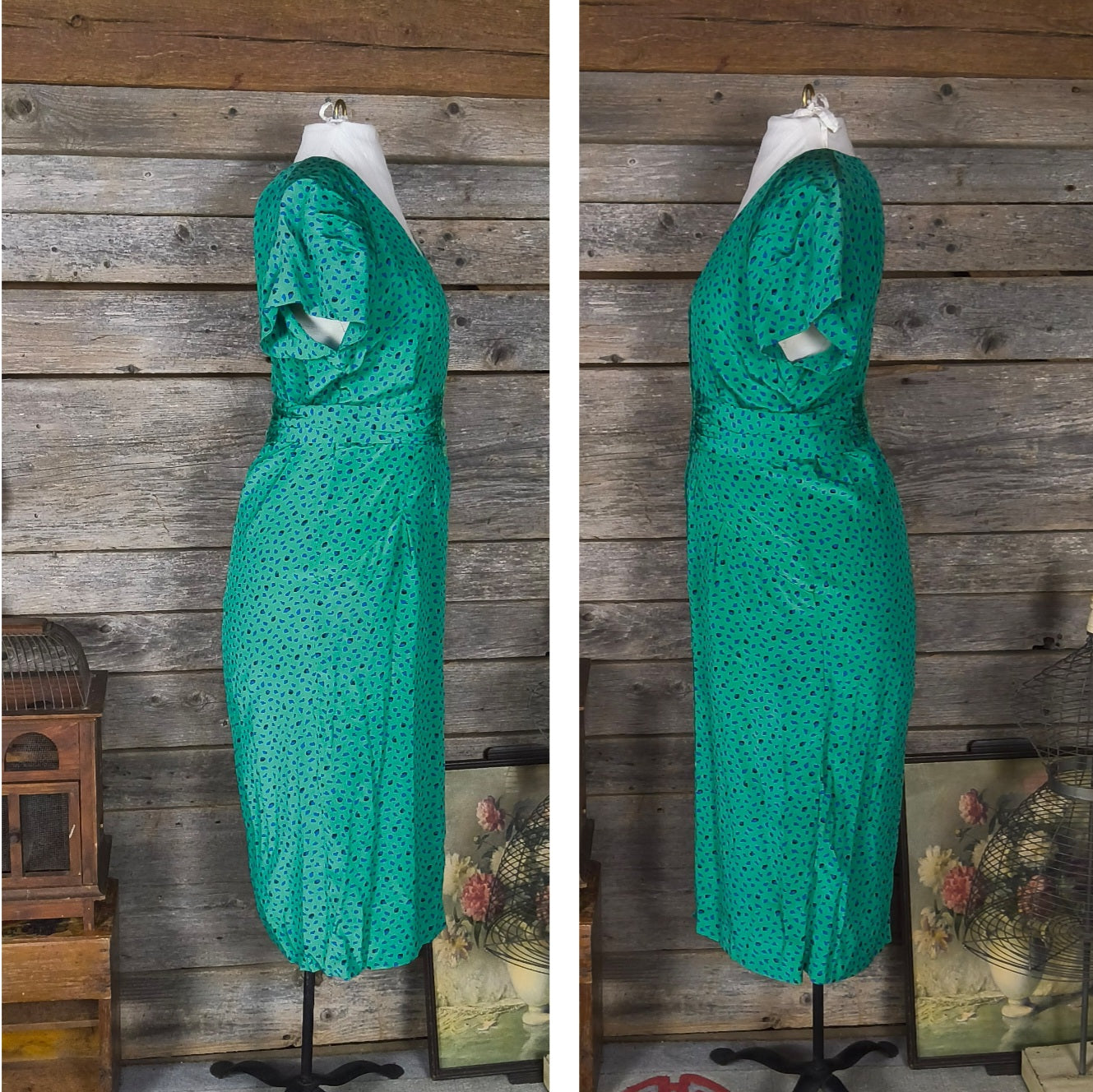 Vintage Robert Haik Green Print Silk Dress, Size 8