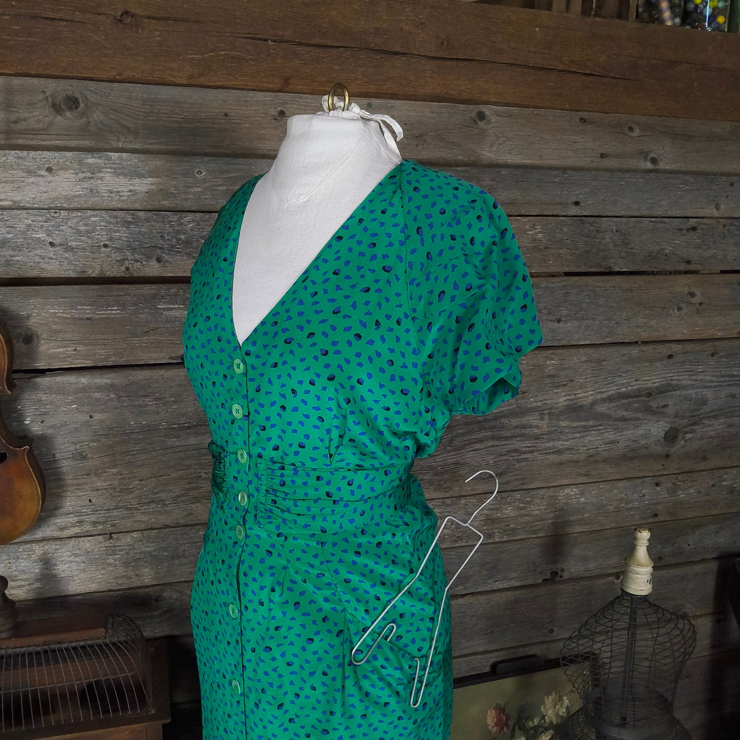 Vintage Robert Haik Green Print Silk Dress, Size 8