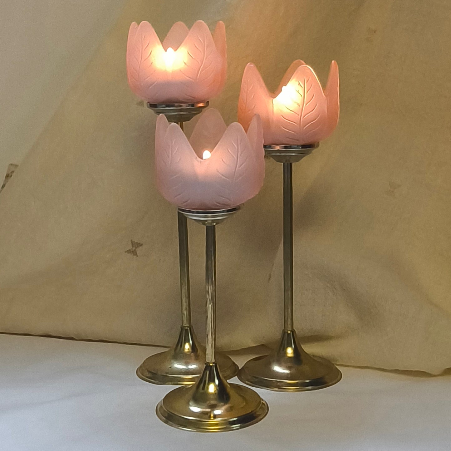 Retro Trio of Votive Candlesticks, Pink Frosted Glass CandleHolders, LIGHT WEAR