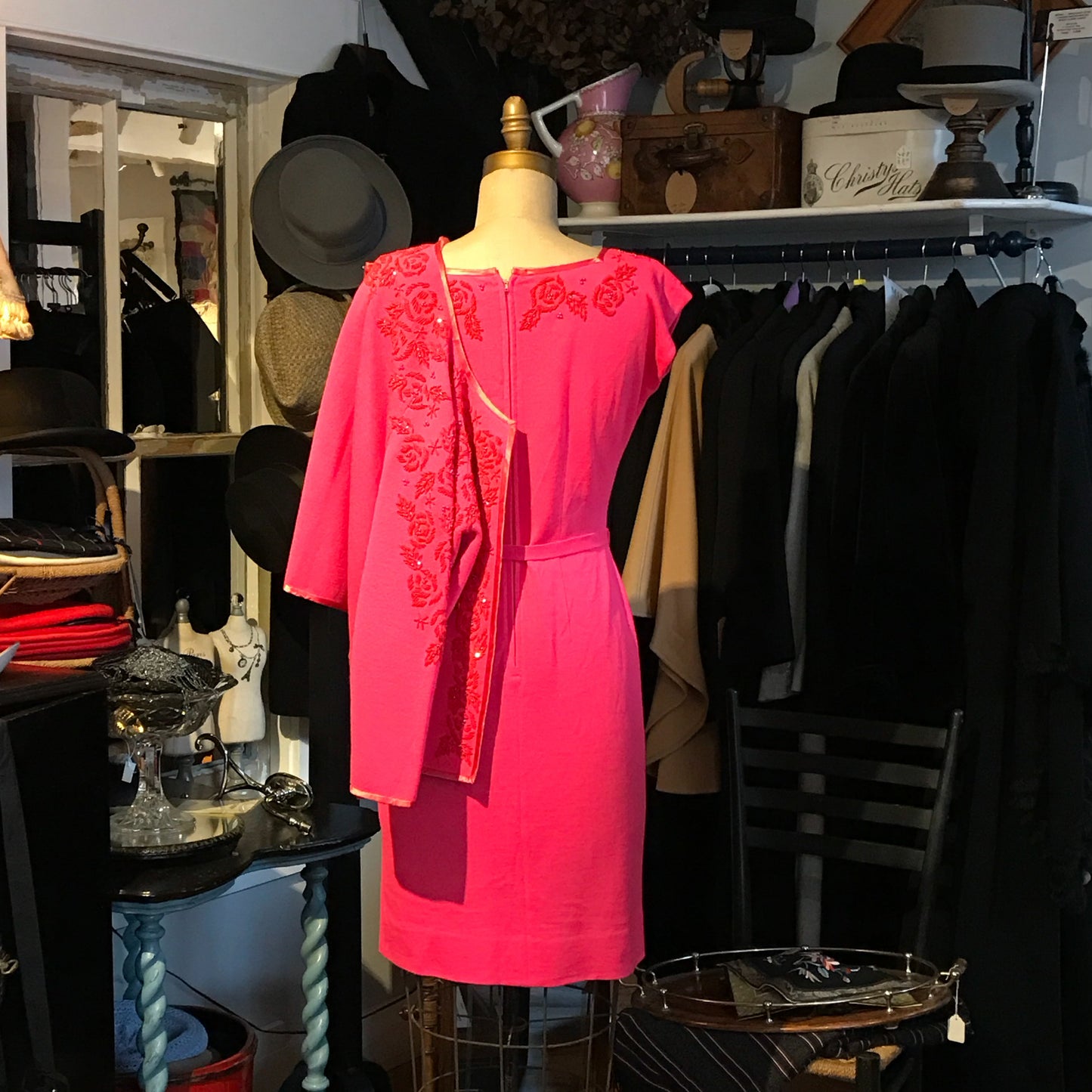 Hot Pink Wool Twin Set with Hand Beaded Embroidery, circa 1960, Dress and Sweater