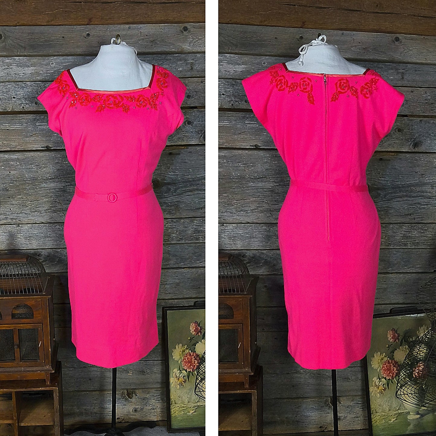 Hot Pink Wool Twin Set with Hand Beaded Embroidery, circa 1960, Dress and Sweater