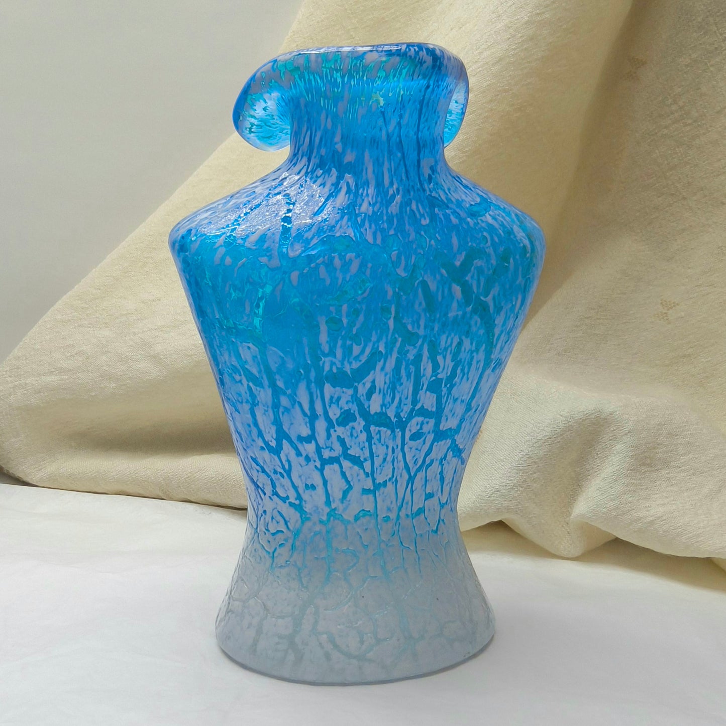 Retro Blue and White Glass Torso Vase with Crackle Texture
