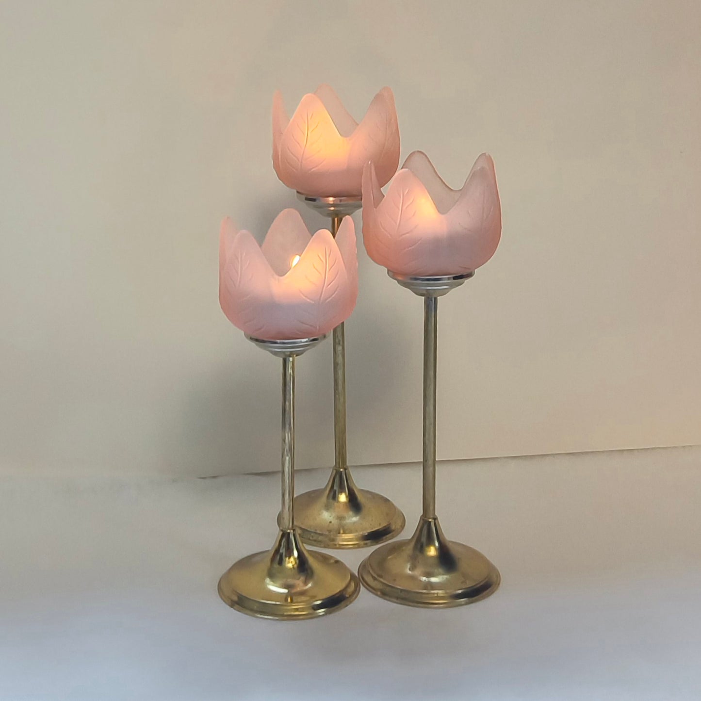 Retro Trio of Votive Candlesticks, Pink Frosted Glass CandleHolders, LIGHT WEAR