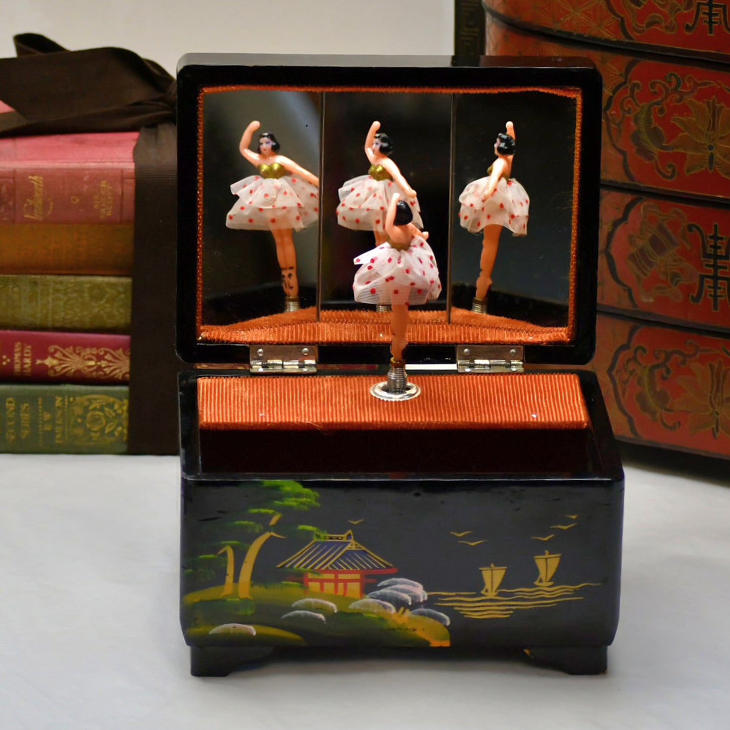 Vintage Ballerina Jewellery Box Musical Trinket Box Asian Lacquerwork WEAR & TEAR
