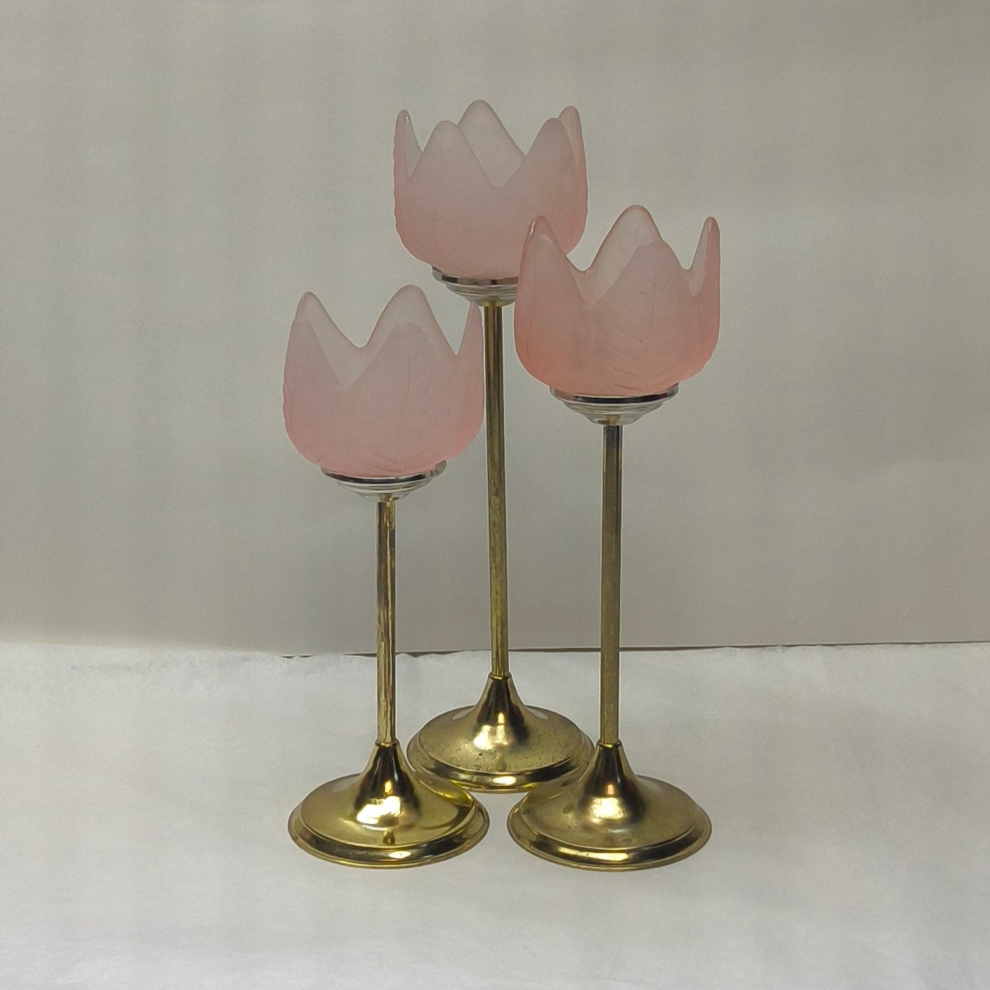 Retro Trio of Votive Candlesticks, Pink Frosted Glass CandleHolders, LIGHT WEAR