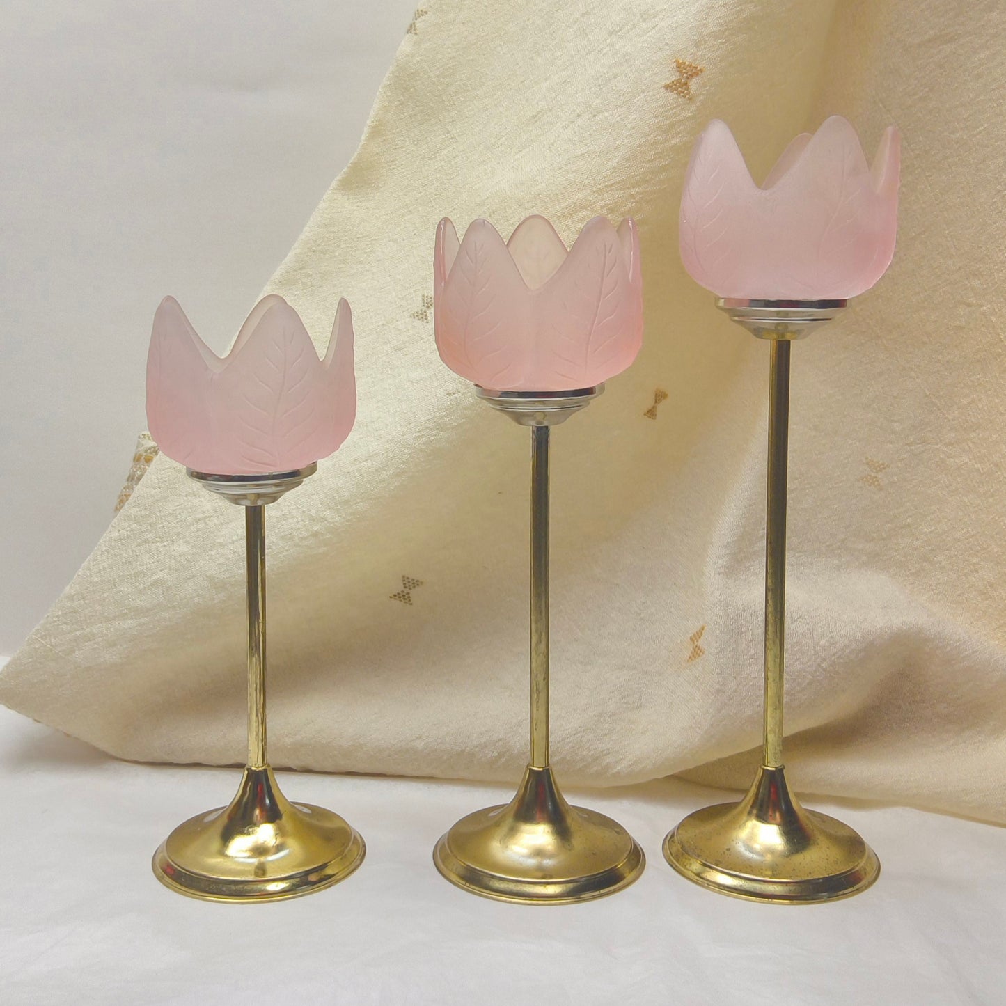 Retro Trio of Votive Candlesticks, Pink Frosted Glass CandleHolders, LIGHT WEAR