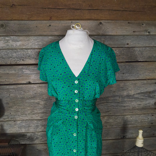 Vintage Robert Haik Green Print Silk Dress, Size 8