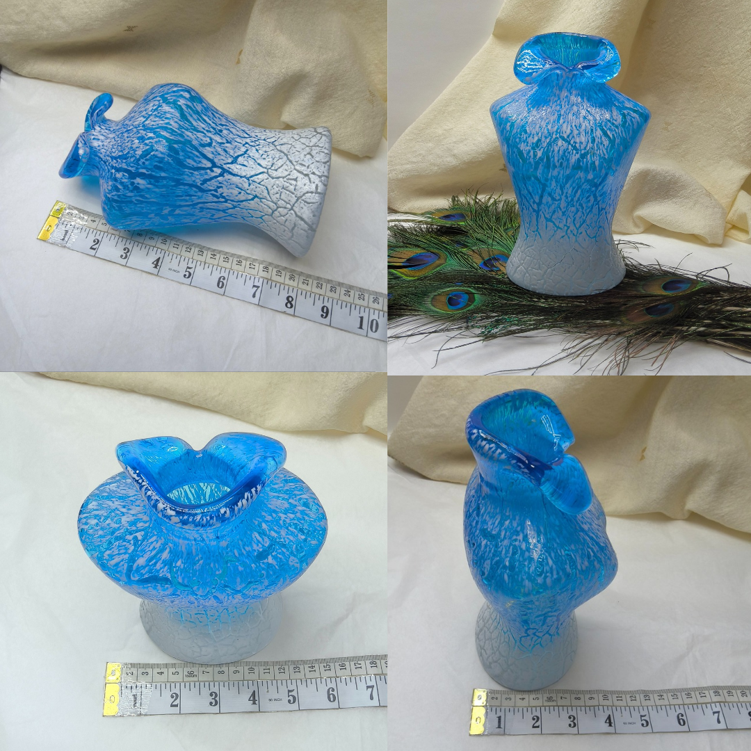 Retro Blue and White Glass Torso Vase with Crackle Texture
