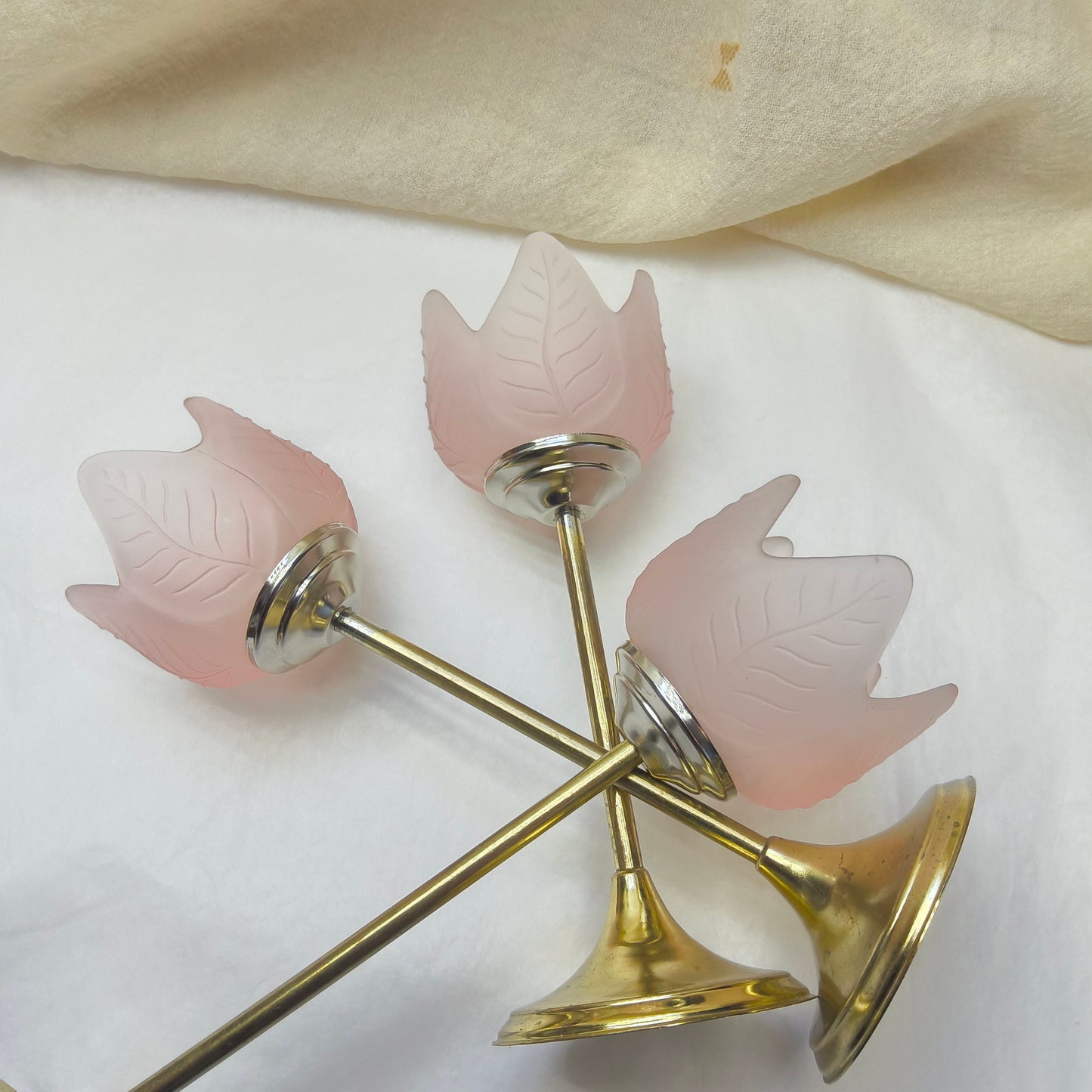 Retro Trio of Votive Candlesticks, Pink Frosted Glass CandleHolders, LIGHT WEAR