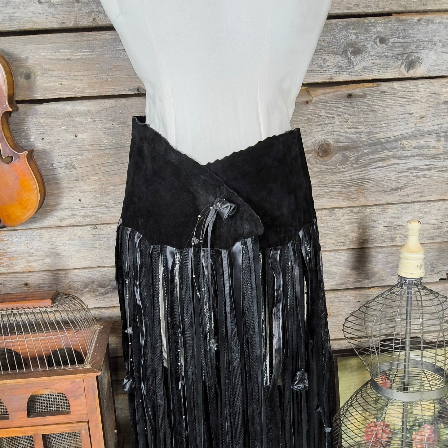 Retro Black Suede Belt or Skirt Overlay with Tassels, Pat Dahnke, Western Style