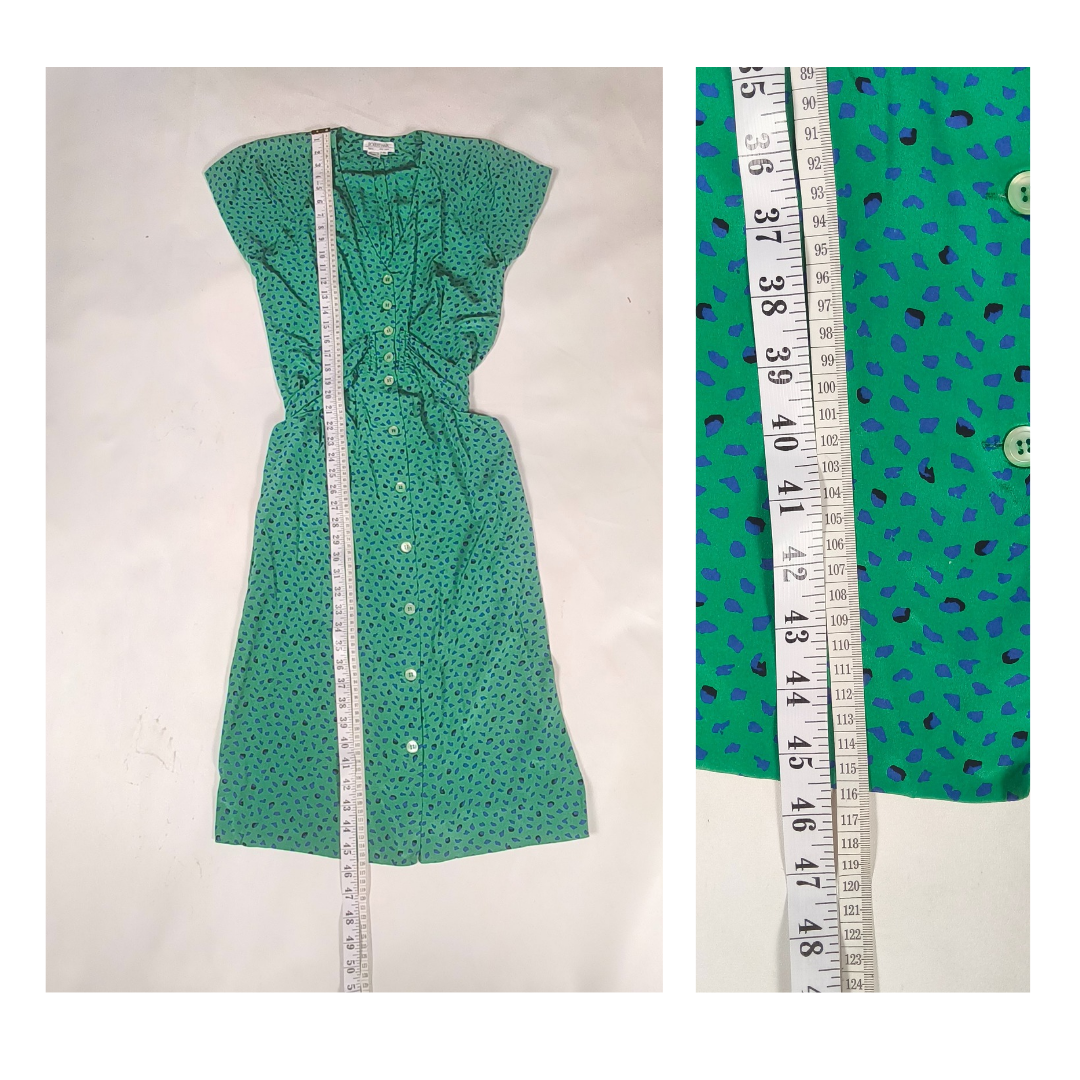 Vintage Robert Haik Green Print Silk Dress, Size 8