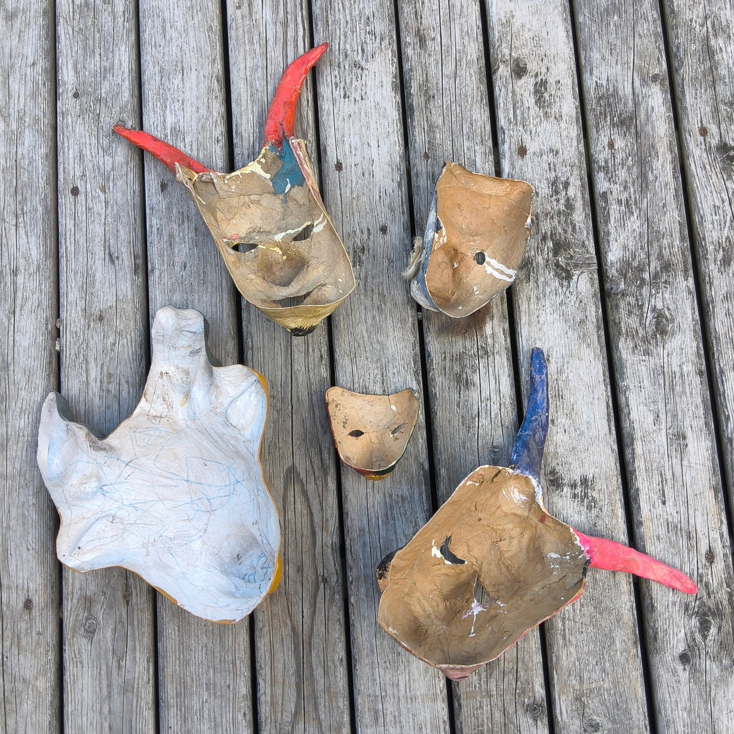 1930s Paper Mache Masks From Mexico WELL LOVED & Distressed, Lot of 5
