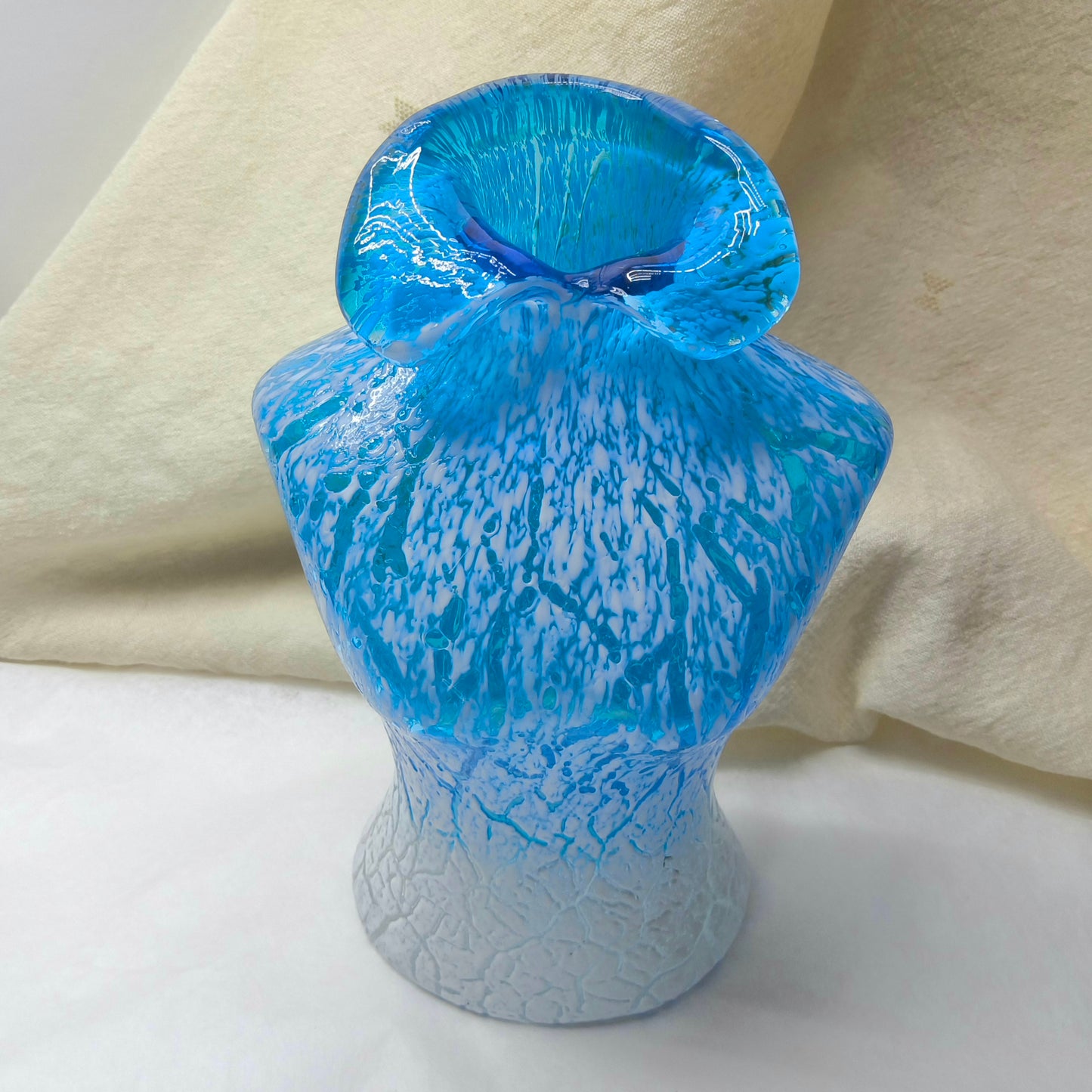 Retro Blue and White Glass Torso Vase with Crackle Texture