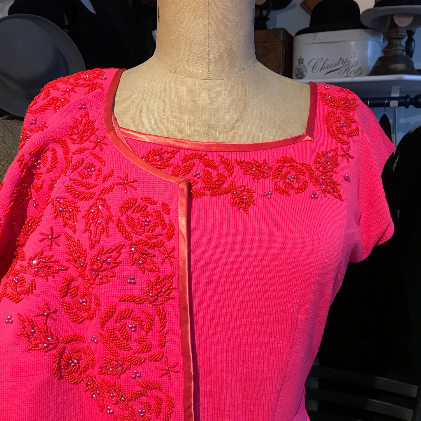 Hot Pink Wool Twin Set with Hand Beaded Embroidery, circa 1960, Dress and Sweater