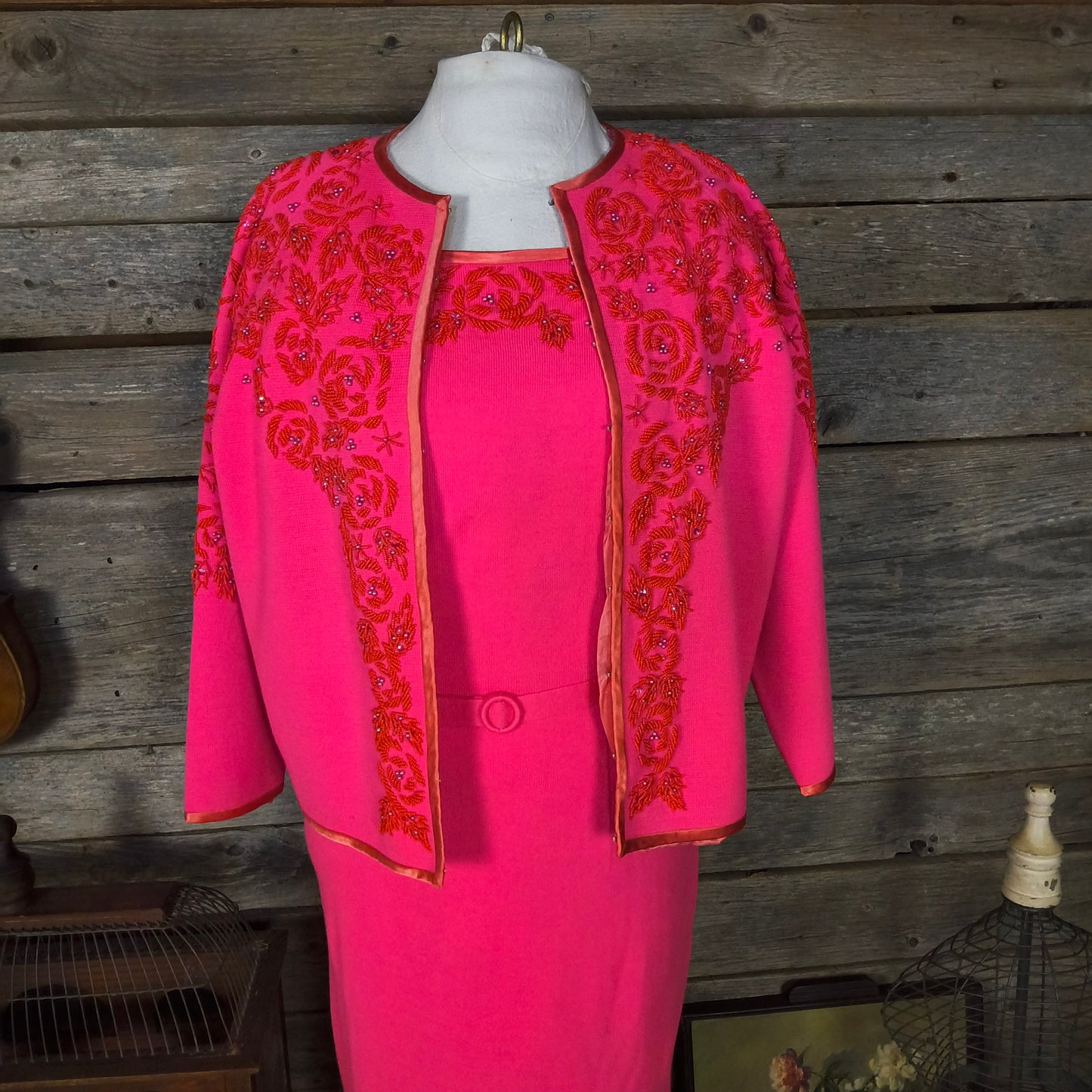 Hot Pink Wool Twin Set with Hand Beaded Embroidery, circa 1960, Dress and Sweater