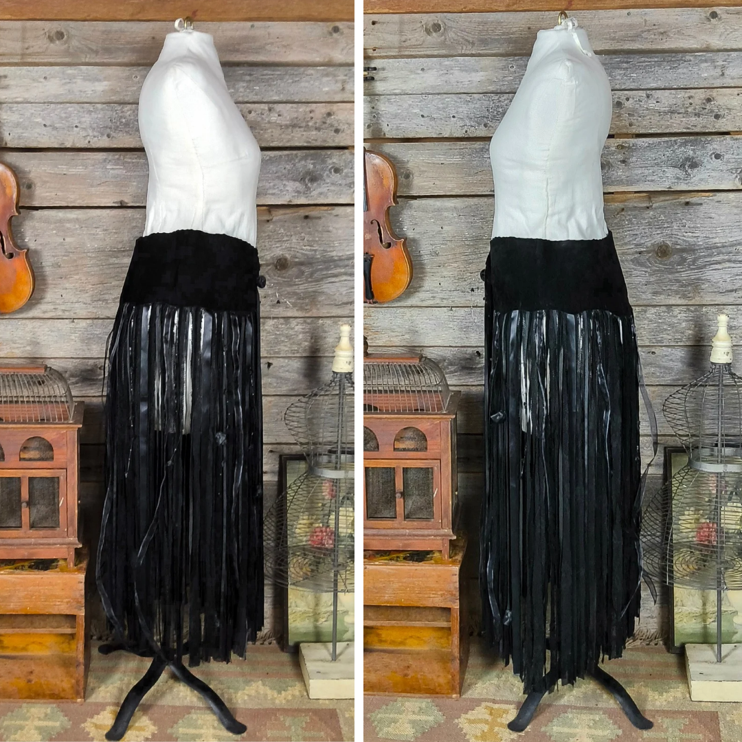Retro Black Suede Belt or Skirt Overlay with Tassels, Pat Dahnke, Western Style