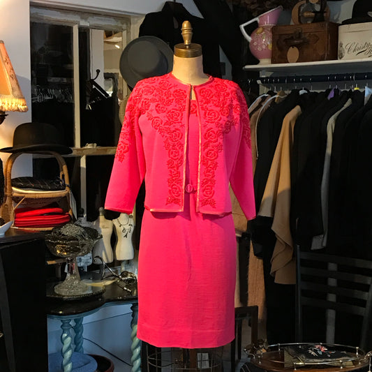 Hot Pink Wool Twin Set with Hand Beaded Embroidery, circa 1960, Dress and Sweater