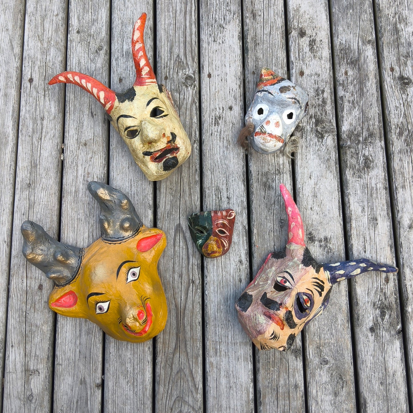 1930s Paper Mache Masks From Mexico WELL LOVED & Distressed, Lot of 5