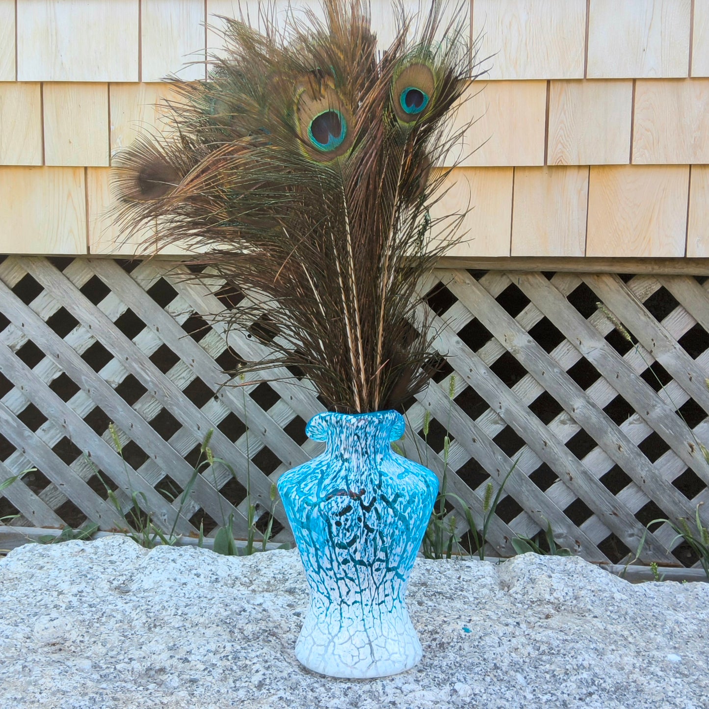 Retro Blue and White Glass Torso Vase with Crackle Texture