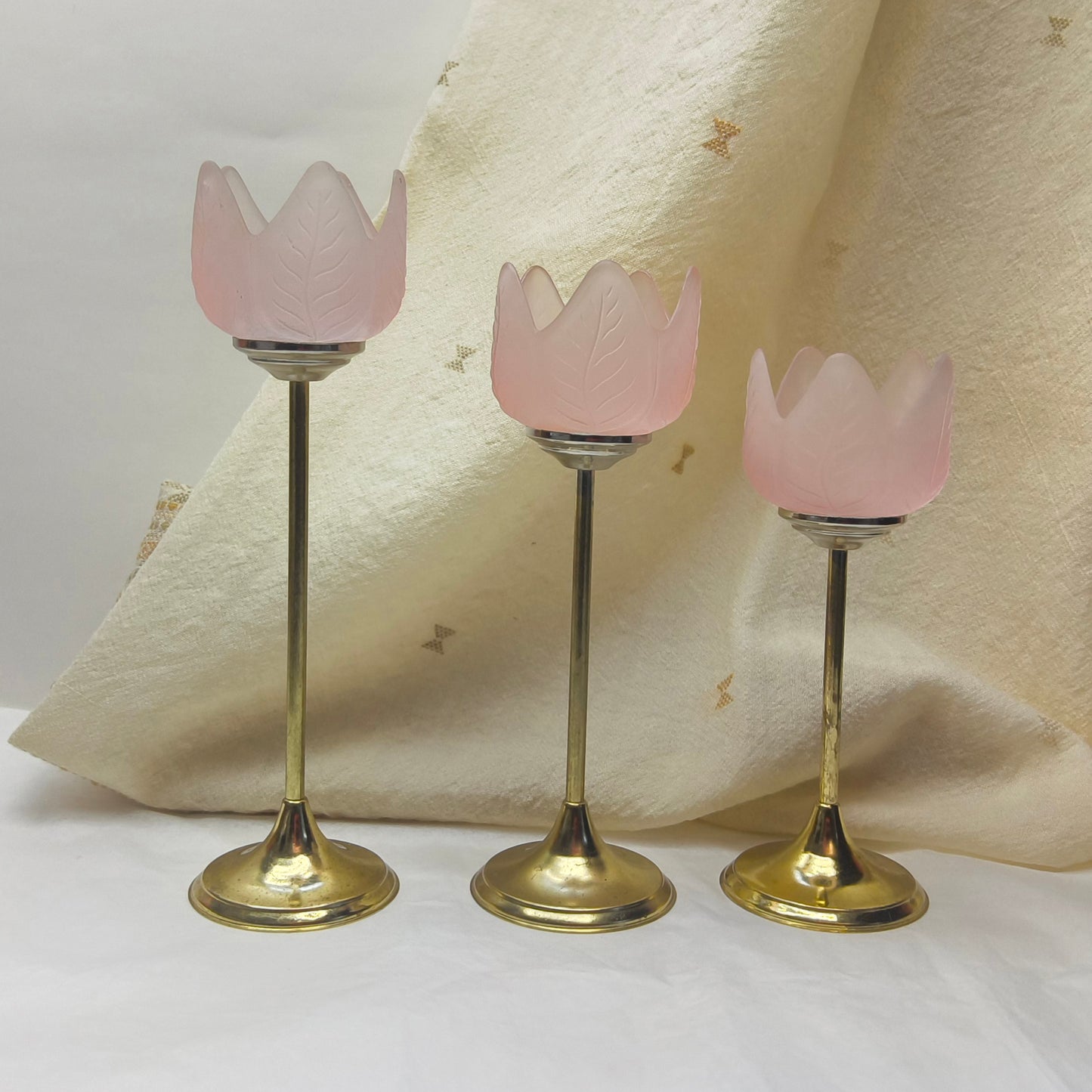 Retro Trio of Votive Candlesticks, Pink Frosted Glass CandleHolders, LIGHT WEAR
