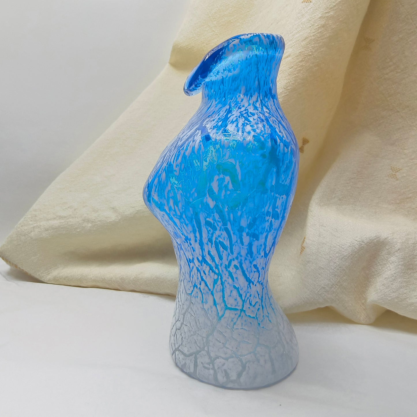 Retro Blue and White Glass Torso Vase with Crackle Texture