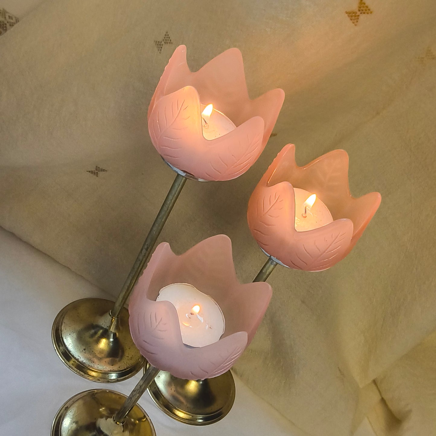 Retro Trio of Votive Candlesticks, Pink Frosted Glass CandleHolders, LIGHT WEAR
