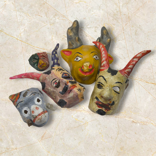1930s Paper Mache Masks From Mexico WELL LOVED & Distressed, Lot of 5