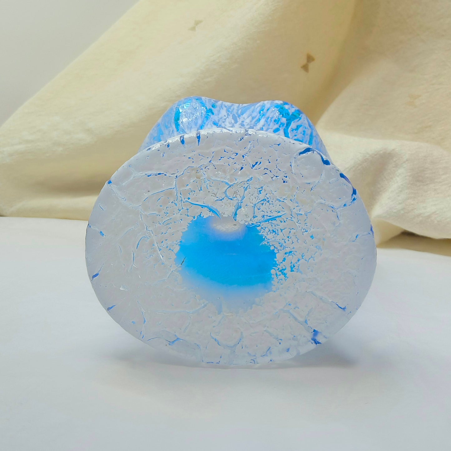 Retro Blue and White Glass Torso Vase with Crackle Texture