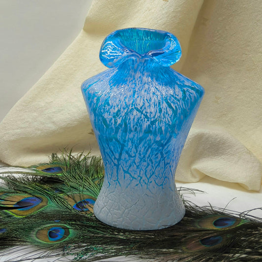 Retro Blue and White Glass Torso Vase with Crackle Texture